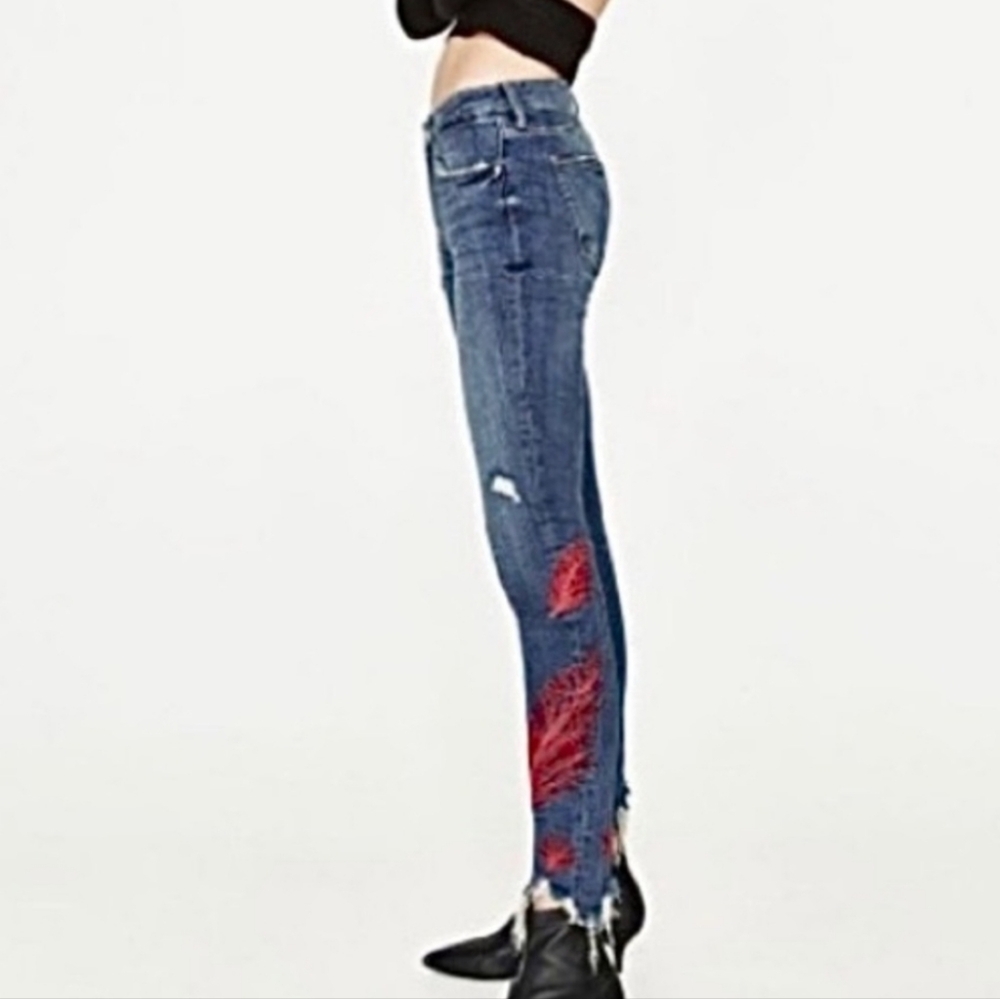 Zara Distressed Jeans with Red Feather Embroidery, Size 8